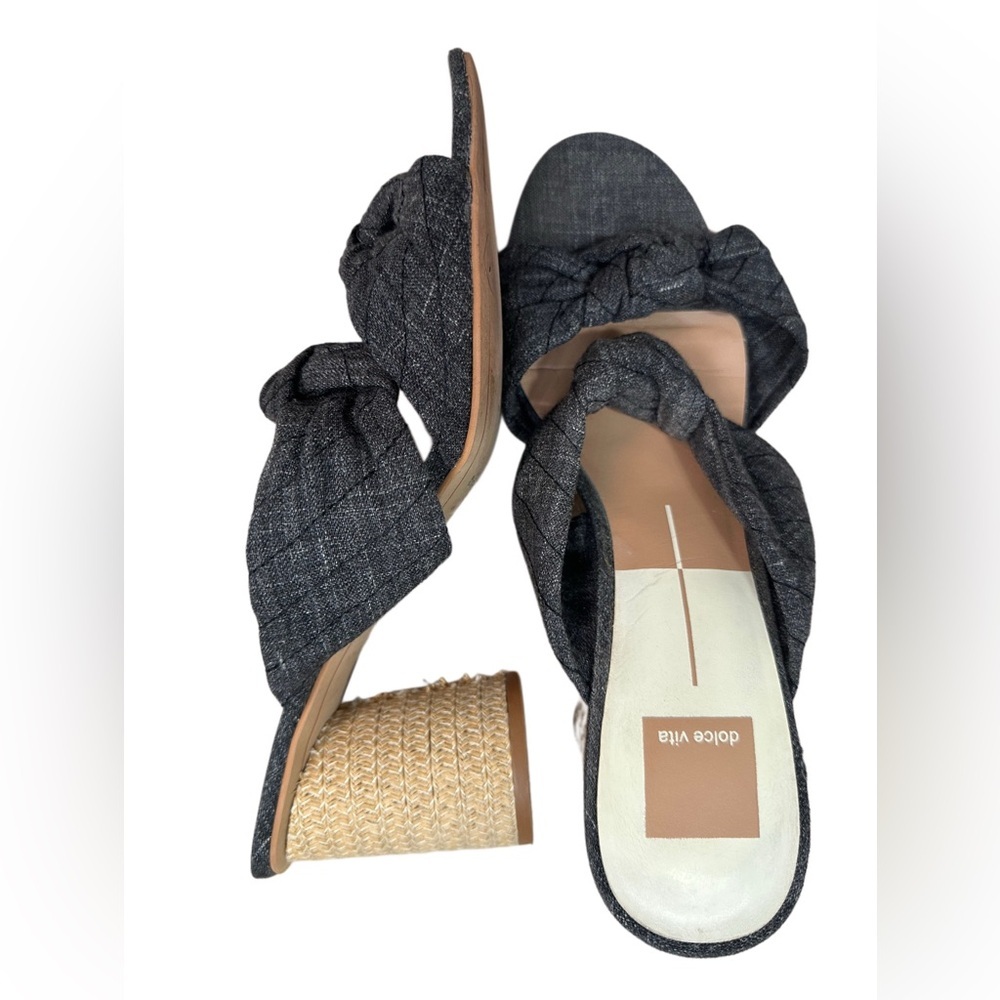 Dolce Vita Boho Dark Gray Sandals with Double Bow Straps and Woven Style Heel